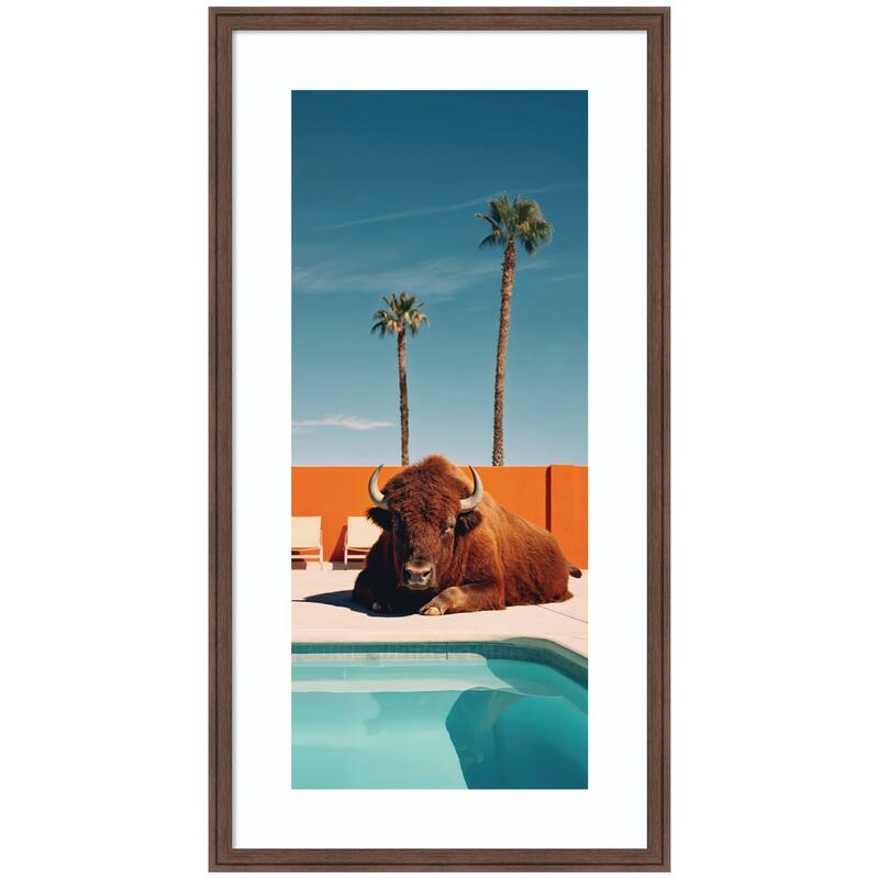Kate and Laurel Framed Art Bison Chilling by the Pool in California by Michael Schauer - 22x42 - Brown