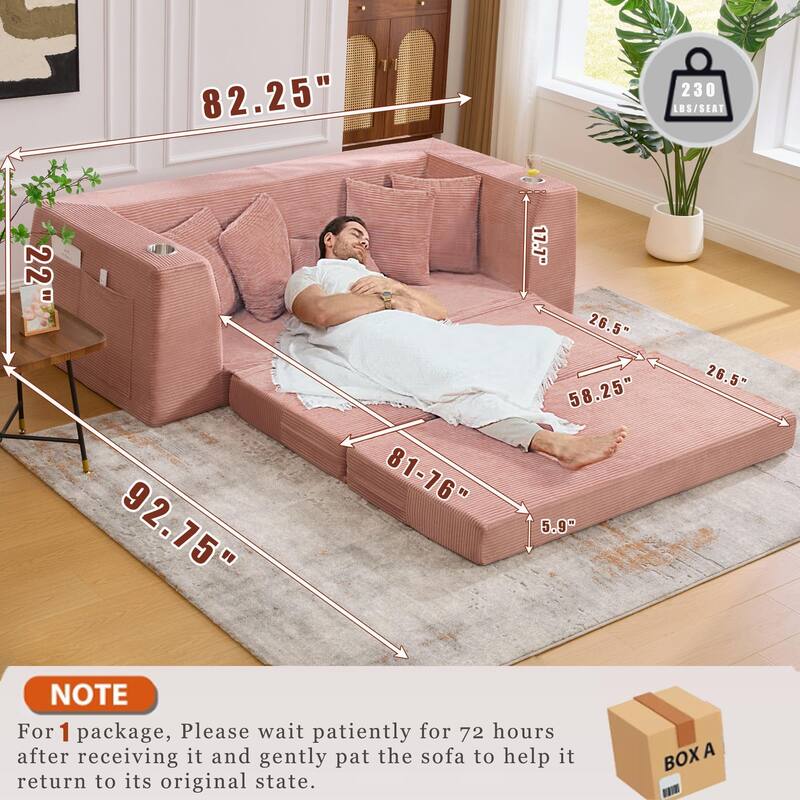 2-in-1 Convertible Corduroy Sofa Bed Folding Sleeper Loveseat Couch Full Floor Bed with Pillows, Storage Pockets and Cup Holders