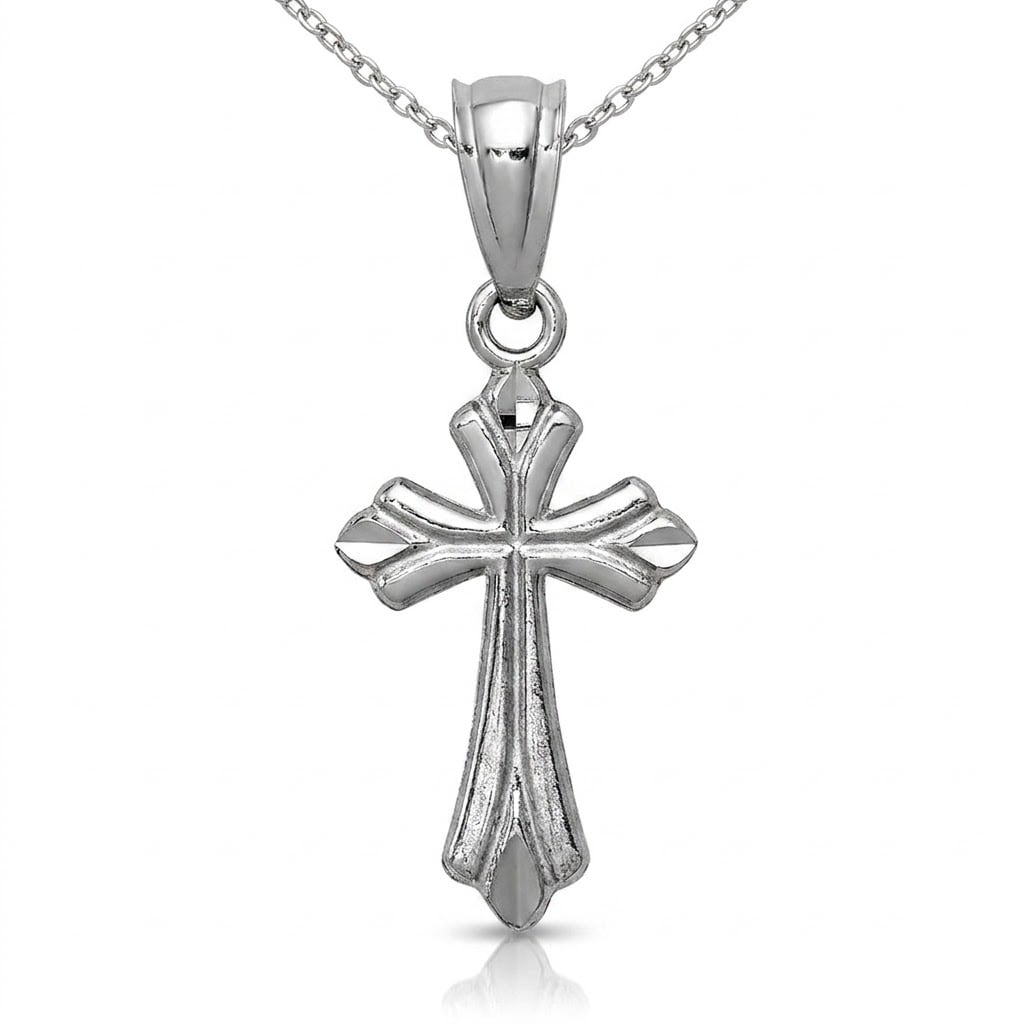 Curata 14k White Gold 18" 9x21mm Ridged Flared Small Cross Necklace