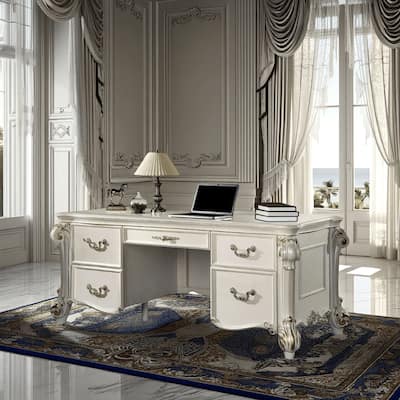 Antoine Home Office Desk, 5 Drawer, Pearl White Wood Gold, 74 Inch