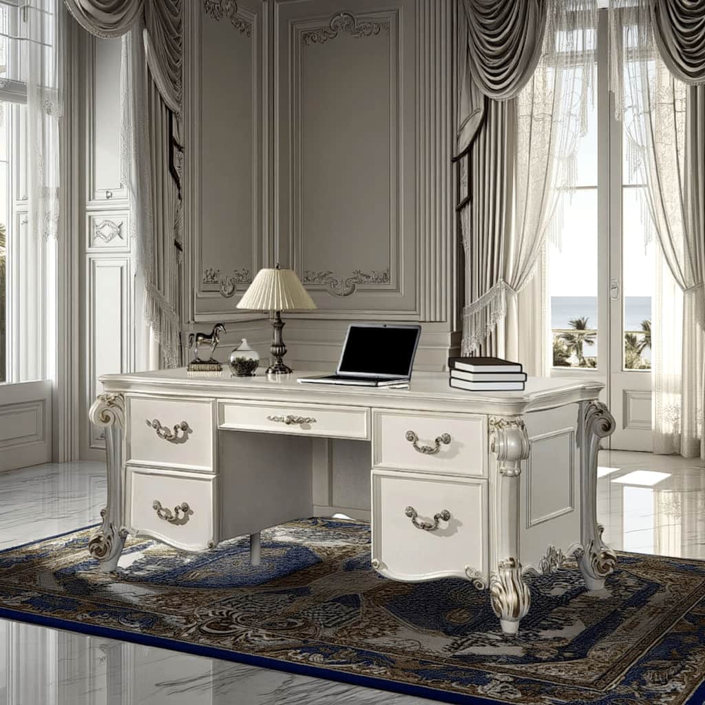 Antoine Home Office Desk, 5 Drawer, Pearl White Wood Gold, 74 Inch