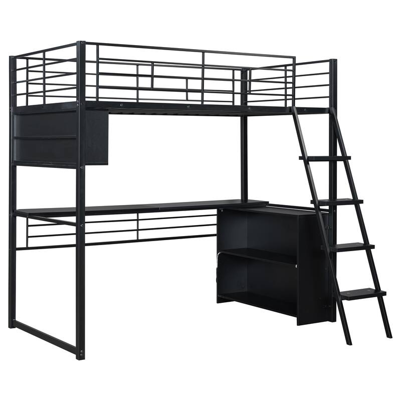 Full Size Loft Bed with Desk, LED Shelves, and Storage - Metal Frame with Guardrails and Ladder, Space-Saving Design for Teens