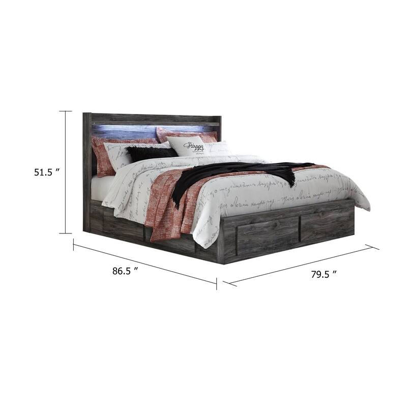 Bays King Size Storage Bed with 6 Drawers, Driftwood Smoke Gray, LED