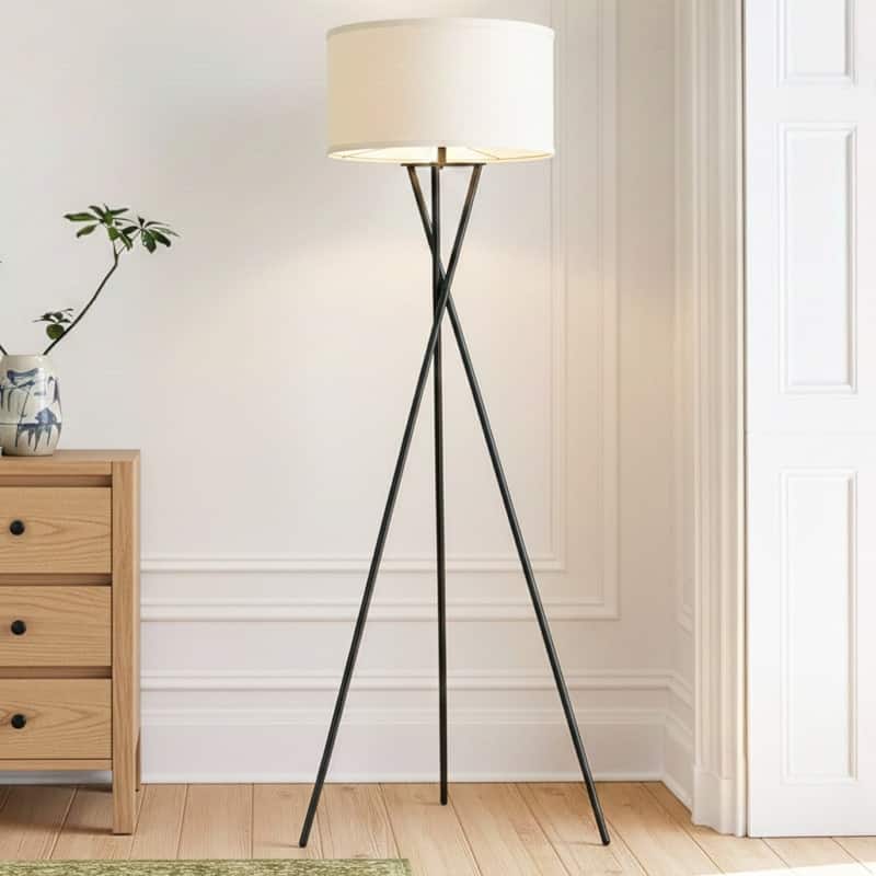 Brightech Jaxon 60 in. Classic Black Mid-Century Modern LED Super Bright Floor Lamp with Beige Fabric Drum Shade