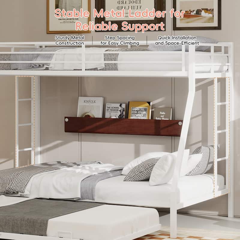 Modern Square Tube Bunk Bed with Ladder and Rolling Trundle Bed