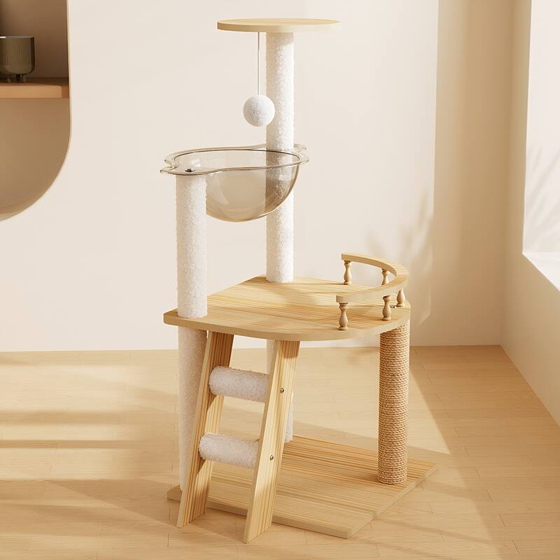 41.3" Modern Cat Tower, Wood Cat Tree Tower for Indoor Cats, Cat Treewith Sisal-Covered Scratching Posts and Top Perch - Natural+White