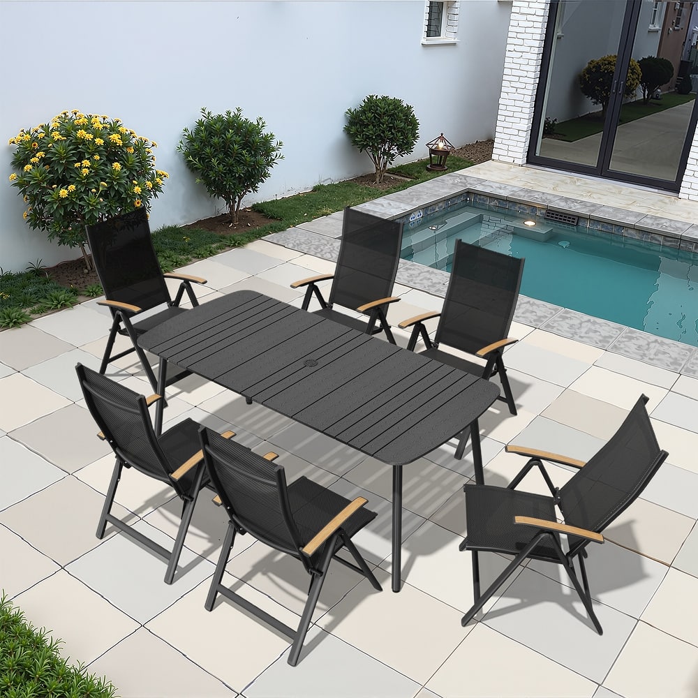 7/9PC Patio Dining Table Rectangular Aluminum Outdoor Table with Folding Chairs