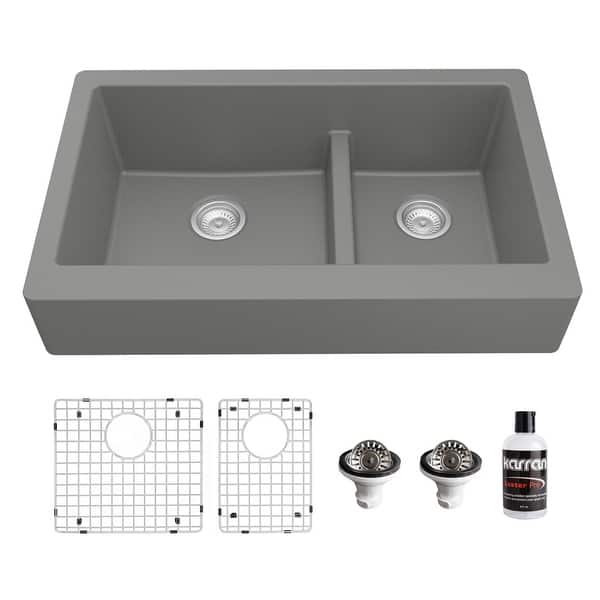slide 2 of 61, Karran Retrofit Farmhouse Quartz 34 in. Double Bowl 60/40 Sink Kit Grey