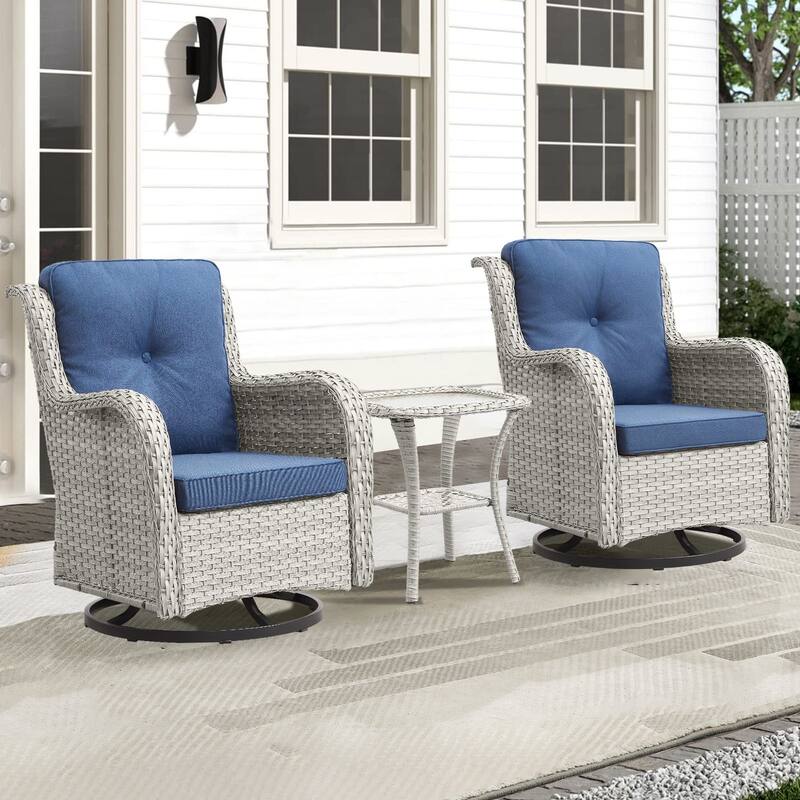 Pocassy Outdoor Swivel Chairs with 4 Inch Cushion - 3PCS Swivel Chair with Table - Light Gray Wicker Blue cushion