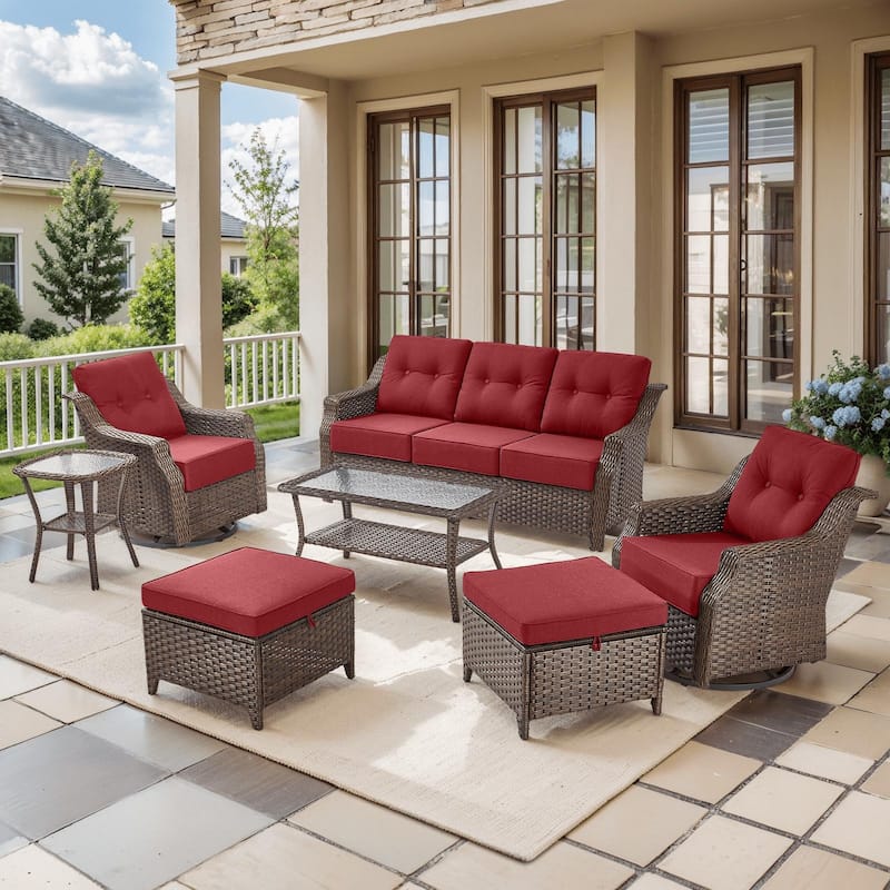 Pocassy Wicker Sofa Chair Set for Garden - Brown Wicker & Red Cushion - 7PCS Sofa Glider Chair Table with Ottoman