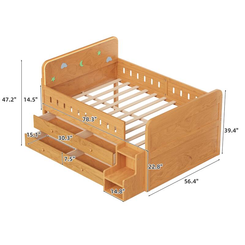 GDFStudio - Modern Wooden Full Size Bed with LED Light and Storage Drawers