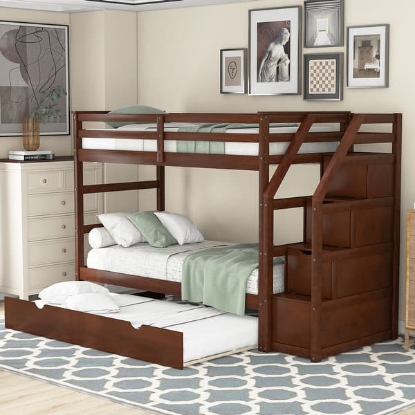 slide 2 of 9, Twin-Over-Twin Wood Bunk Bed with Twin Size Trundle and 3 Storage Stairs, Walnut