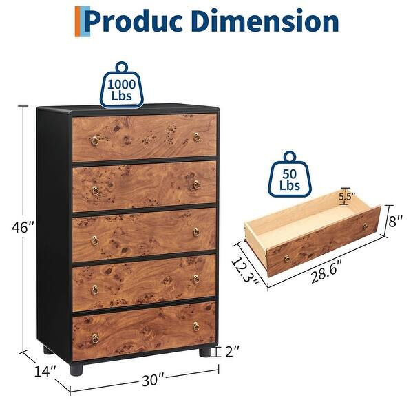 46 inch long dresser IdealHouse Fluted 5 Drawer Dresser - 46 Inch Tall Wooden Dresser with Golden Metal Handles - Curved Profile Design