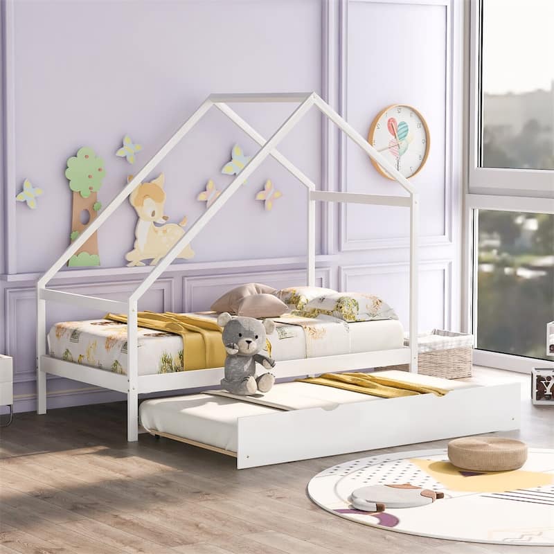 Merax Wooden House Bed With Twin Size Trundle