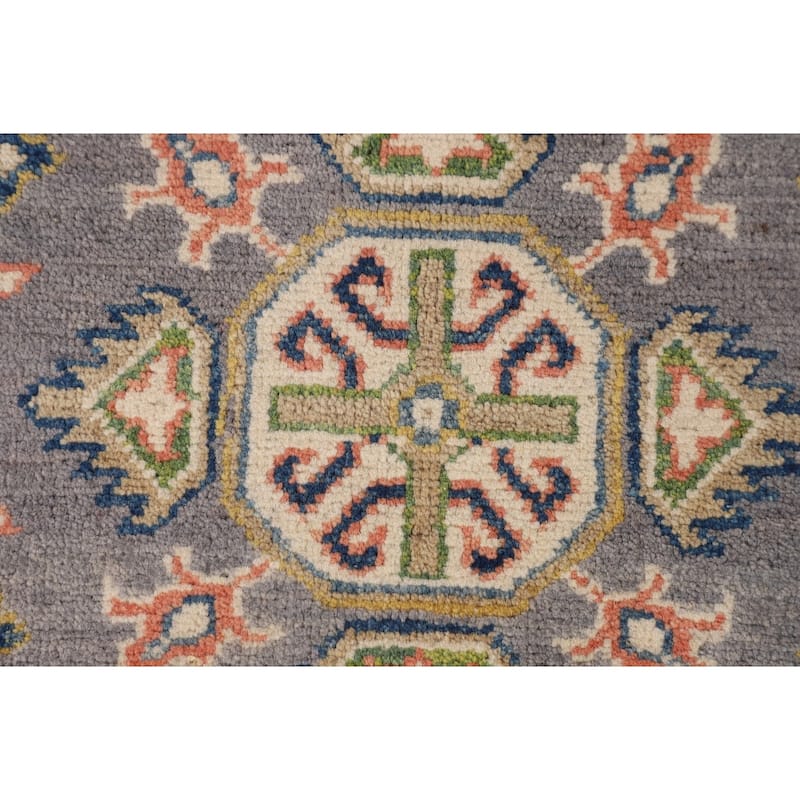 Gray Kazak Foyer Rug Hand-Knotted Geometric Wool Carpet - 2'7" x 4'2"