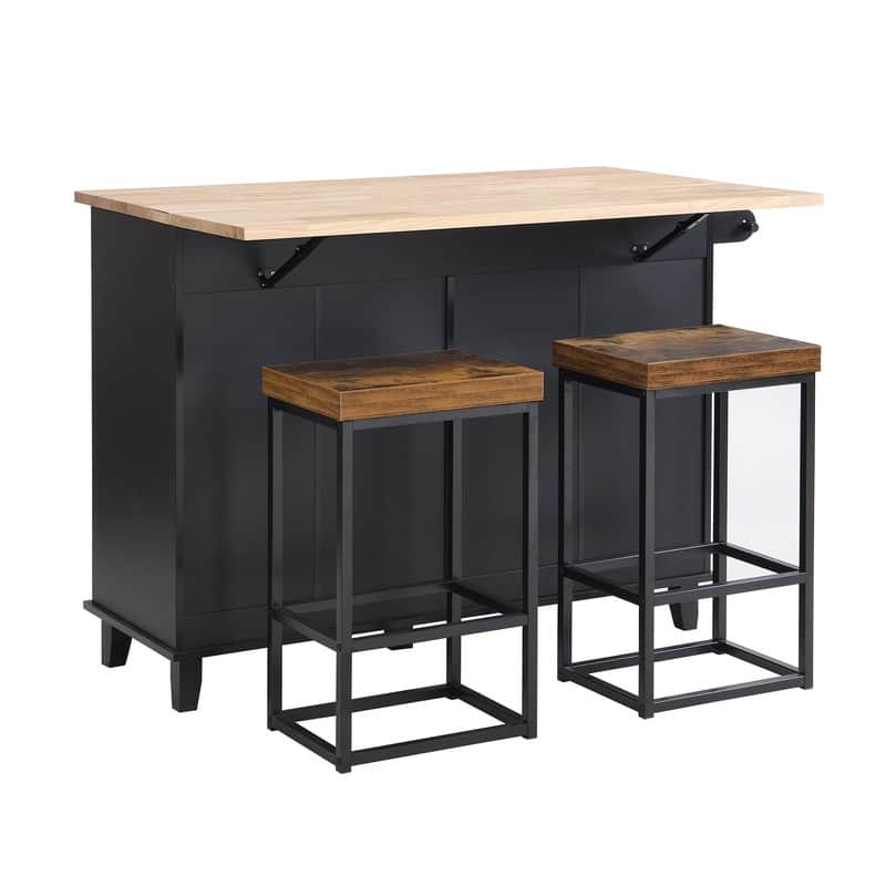 Farmhouse-Style Kitchen Island Set with Drop-Leaf Table, Two Seats, Storage Cabinet, Drawers, and Towel Rack‌ - Black