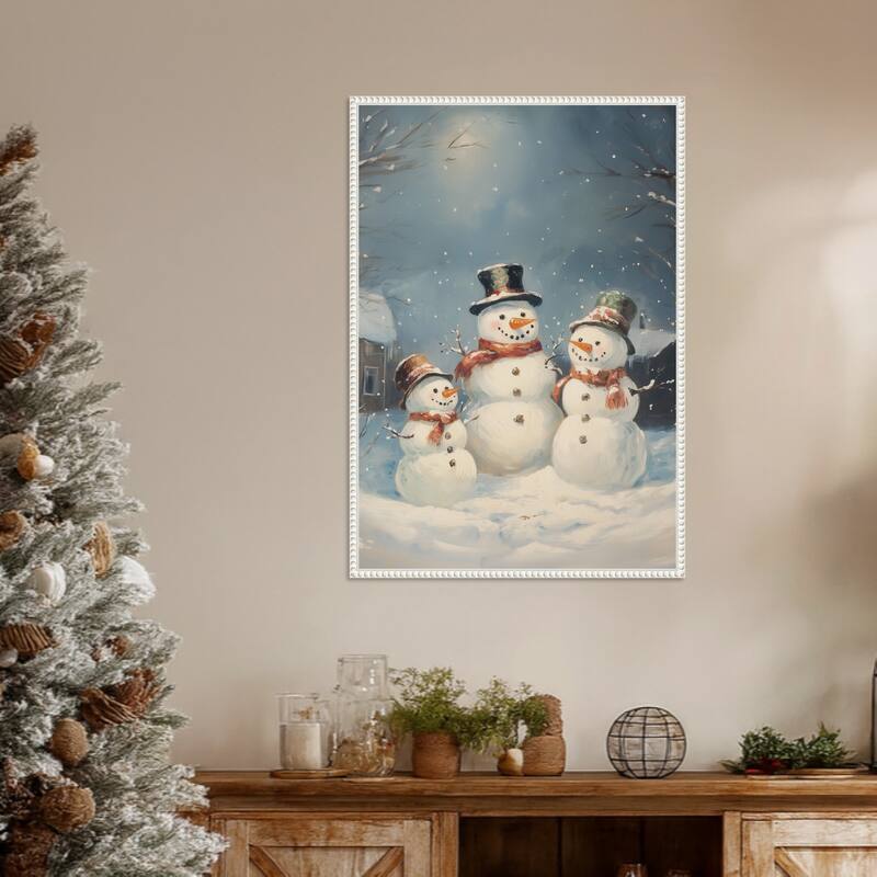 Snowman Family by Melloi Art Prints (23 x 33 in.), Framed Canvas Wall Art Print - Sylvie Beaded White
