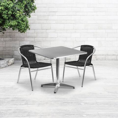 31.5'' Square Aluminum Indoor-Outdoor Table Set with 2 Rattan Chairs - 31.5"W x 31.5"D x 27.5"H