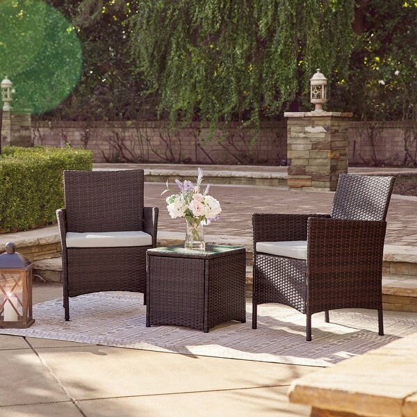 BELLEZE 3Pcs Patio Wicker Furniture Set 2 Chairs 1 Glass Table