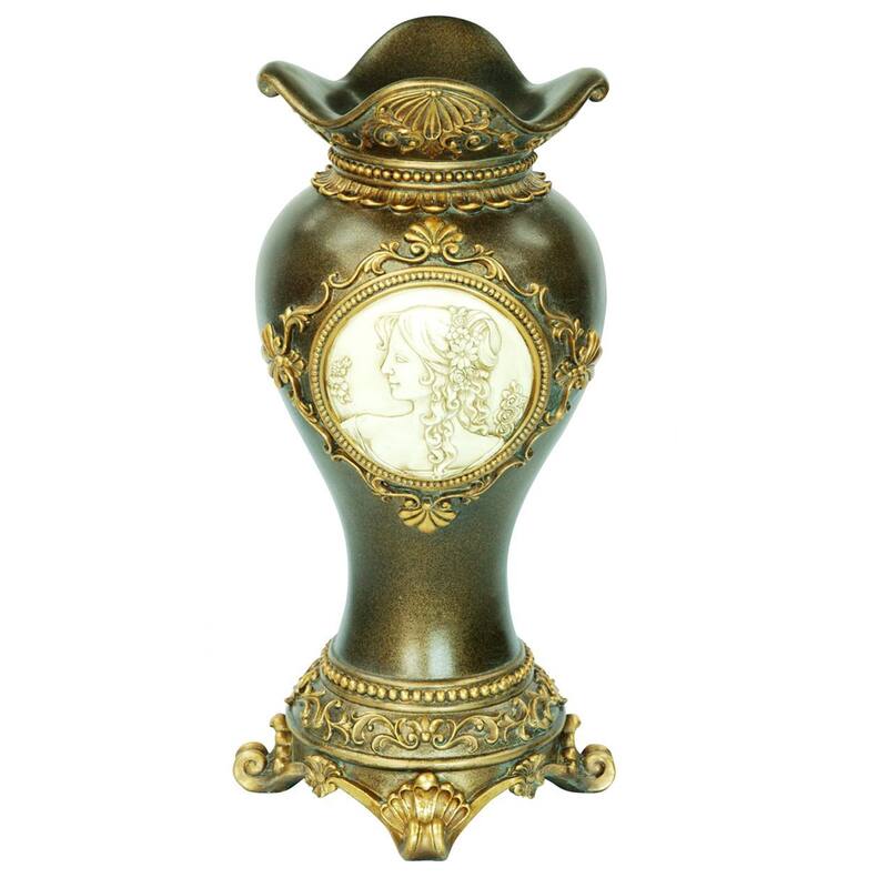 16" Bronze and Gold Floral and Cameo Vase - 7.75