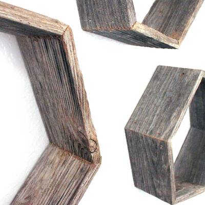 Set of 3 Hexagon Rustic Natural Weathered Grey Wood Open Box Shelve - 14" x 8"