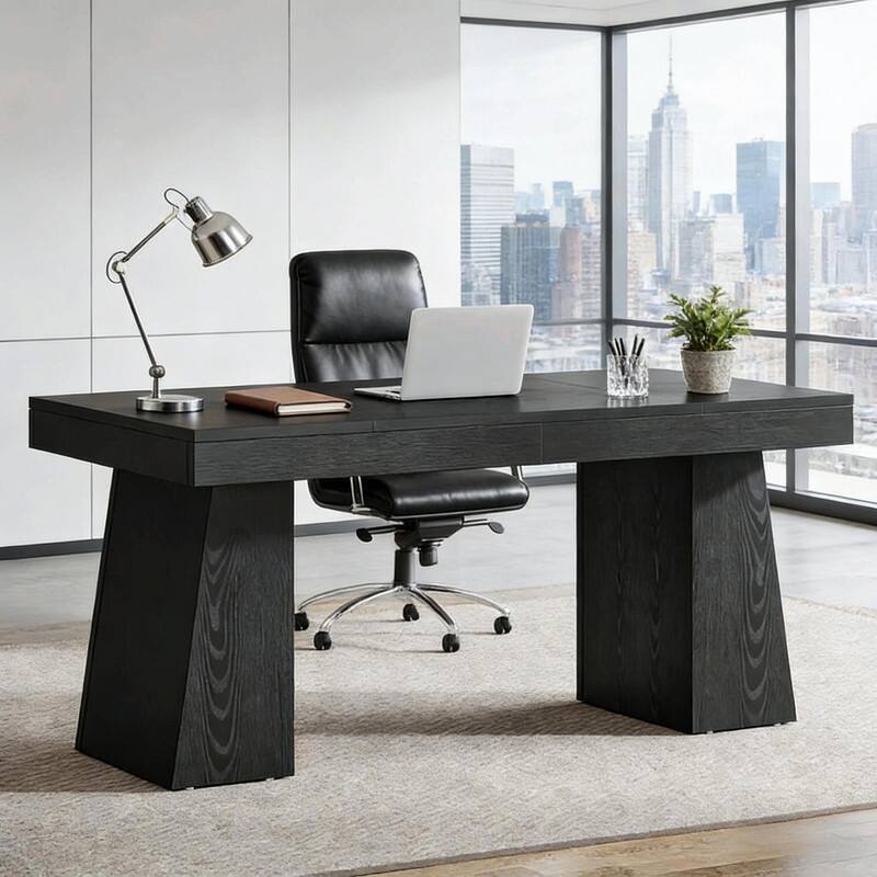 55" Mid-Century Modern Executive Desk with Trapezoid Base for Home Office
