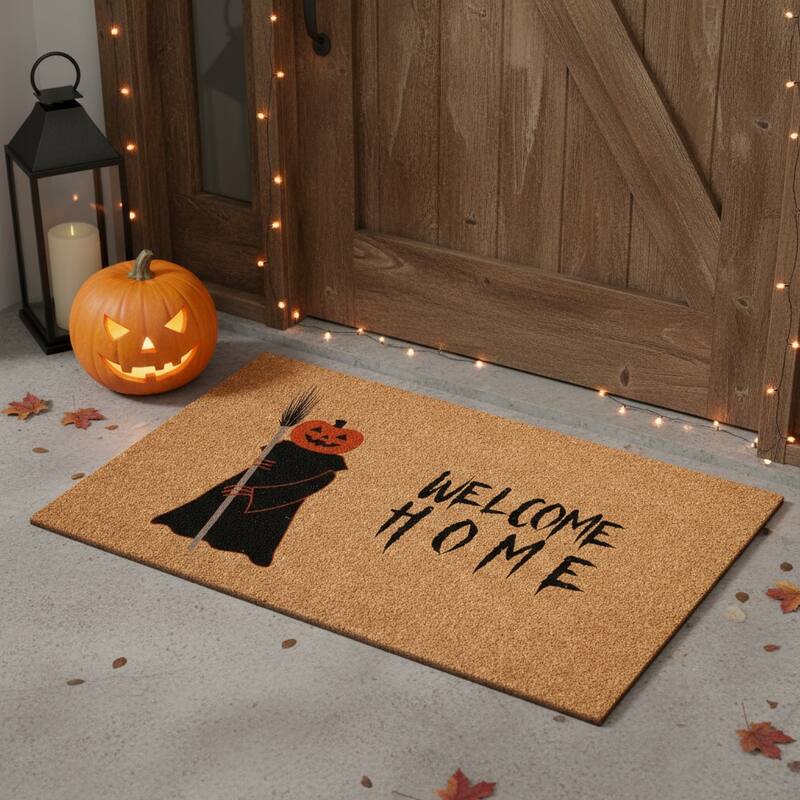 HomeRoots 17" X 29" Natural And Brown Spooky Pumpkin Welcome Home Outdoor Coir Door Mat - 17.00' X '29.00 - 17.00' X '29.00