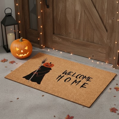HomeRoots 17" X 29" Natural And Brown Spooky Pumpkin Welcome Home Outdoor Coir Door Mat - 17.00' X '29.00