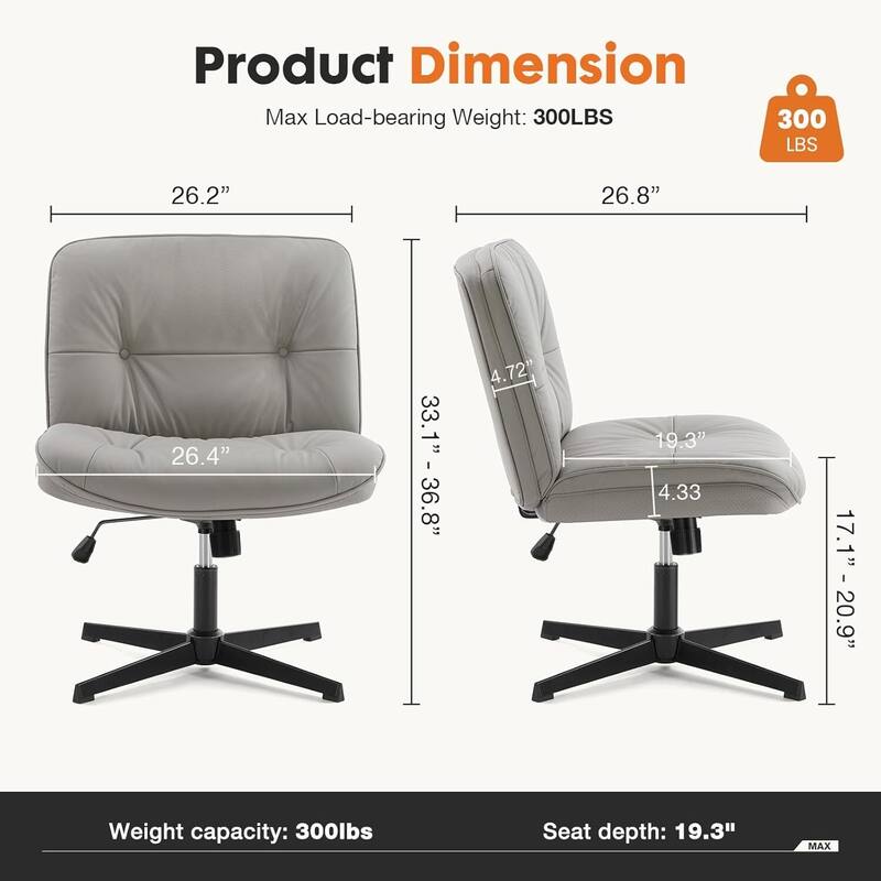 PU Leather Tilt Wide Seat Ergonomic Task Chair with Armless, Criss Cross Legged and No Wheels