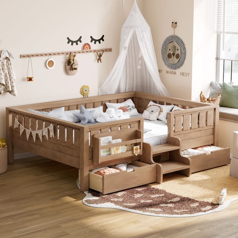 Multiple Colors Toddler Montessori Bed Children's Platform Bed with Low Profile Stairs, Built-in Bookshelf and Storage Drawers - Natural - Full