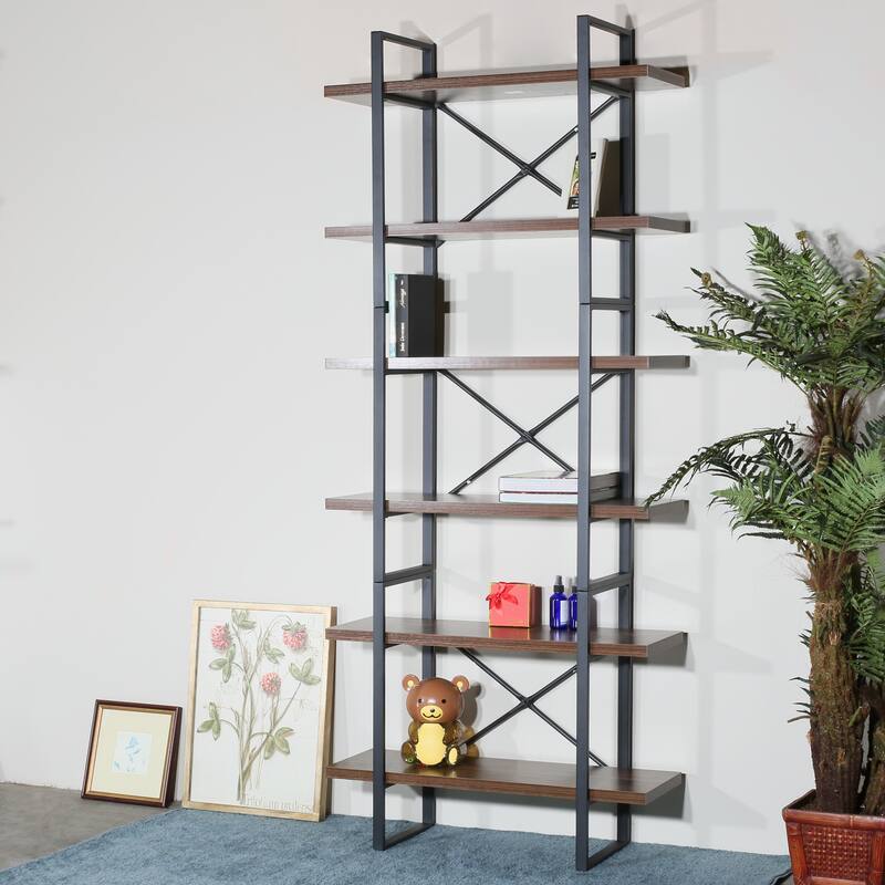 6-tier etagered walnut shelf bookcase with black metal frame - 35.43*12.5*85 inches - Antigue Wood - 35.43*12.5*85 inches