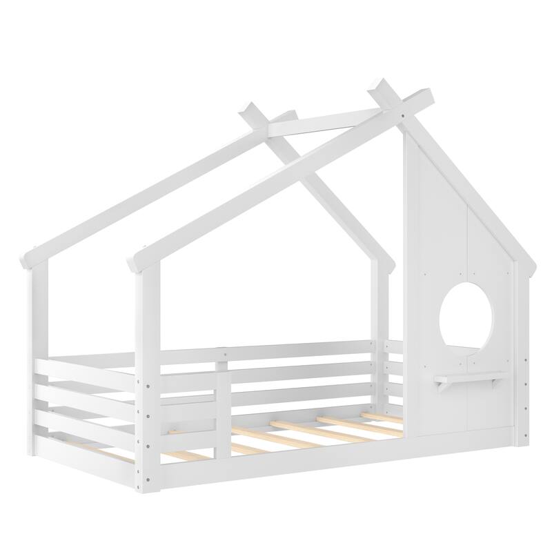 Montessori Kids House-shaped Floor Bed with Window and Shelf