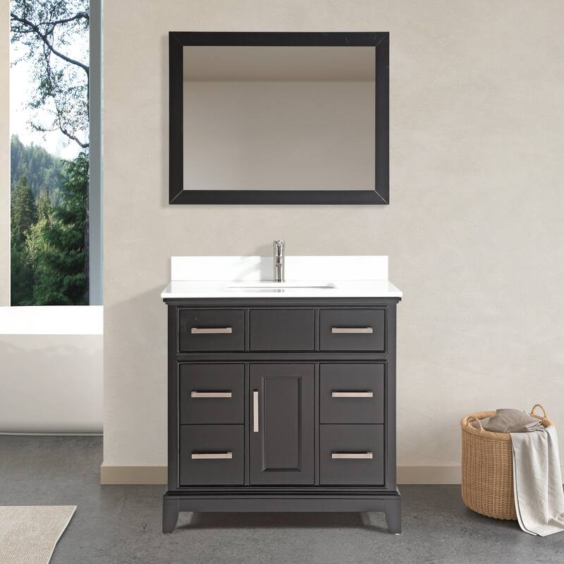 Vanity Art 36" Single Sink Bathroom Vanity Set with Engineered Marble Top and Free Mirror - Espresso