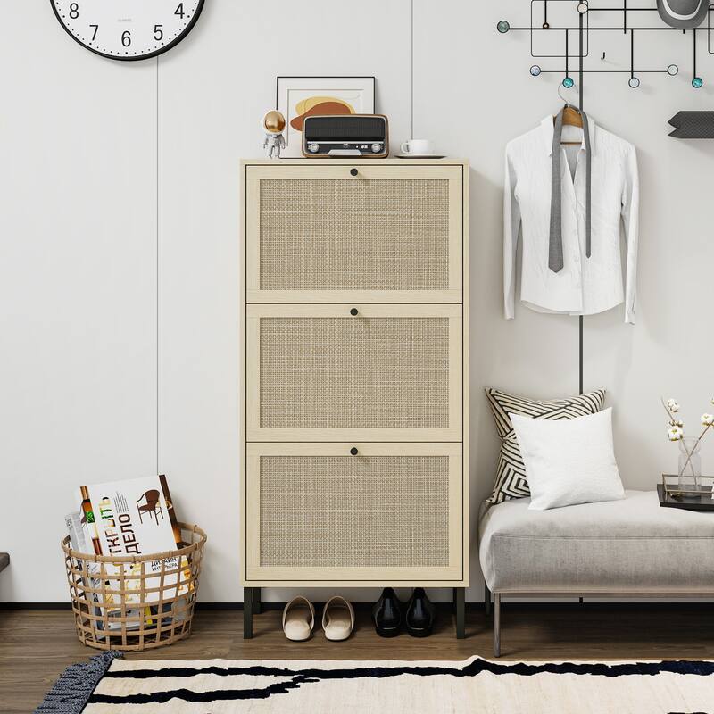 Freestanding Modern Shoe Rack Storage with 3 Natural Rattan Door - Natural-1