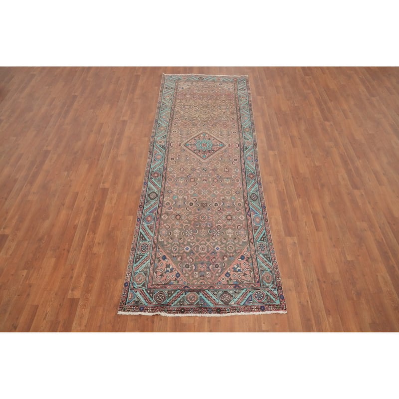Hand Knotted Oriental 100% Wool Carpet Traditional Geometric Greys & Charcoal Hamedan Runner Rug - 10' 1'' X 3' 5''
