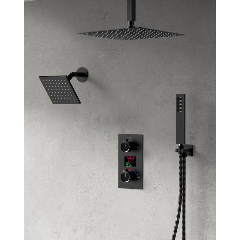 GRANDJOY Digital Display Shower System, 12" High Pressure Dual Shower Heads with Handheld Spray