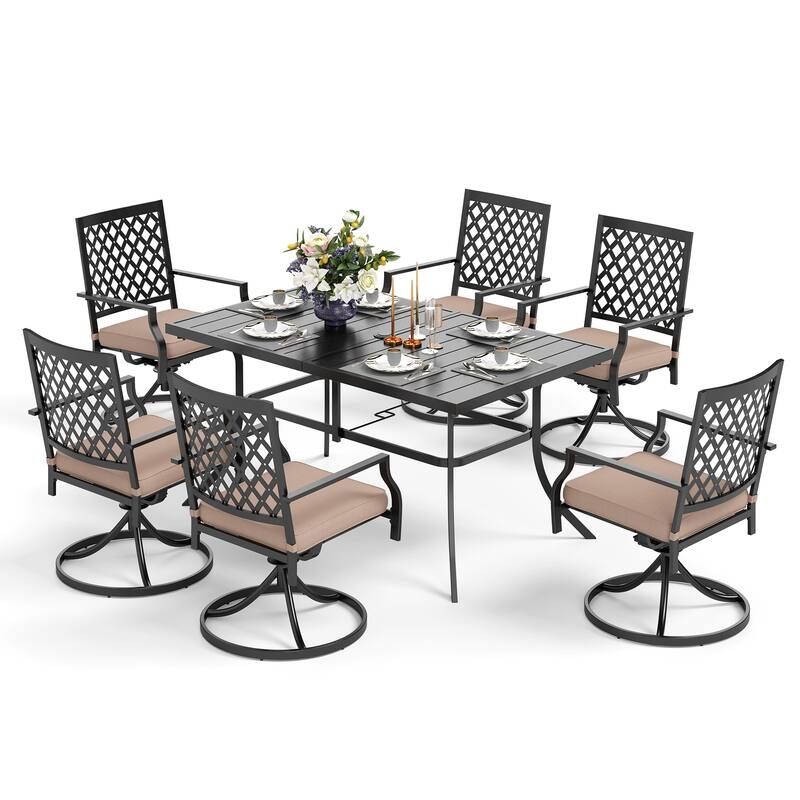 MAISON ARTS 7 Pieces Patio Dining Set, 6 x Swivel Dining Chairs with Cushion and 1 Metal Table with 2.6" Umbrella Hole