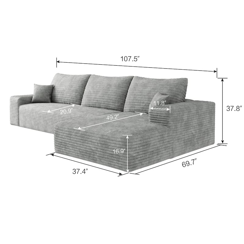 107-Inch Modular Corduroy Sectional Sofa with Chaise and Deep Seating for Living Room Bedroom