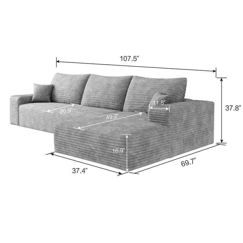 Cloud Sectional Couch with L-Shaped Chaise, Modular 3 Seat Corner Sectional Sofa, Corduroy Upholstered Sleeper Sofa