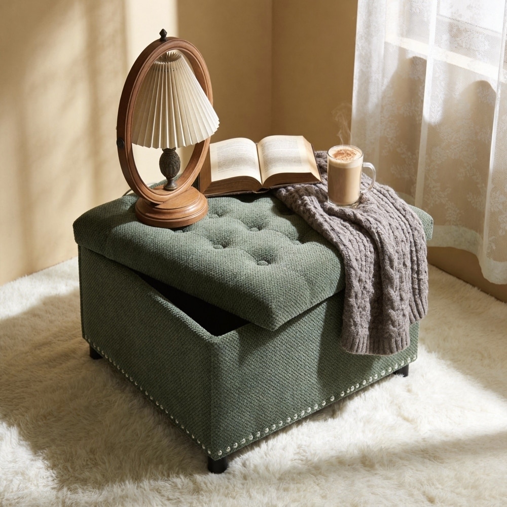 Square Storage Nailhead Trim Ottoman