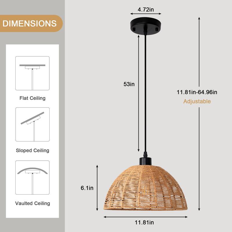 1-Light Dome Hanging Pendant Light Chandelier with Paper Rattan Shaded for Kitchen Island