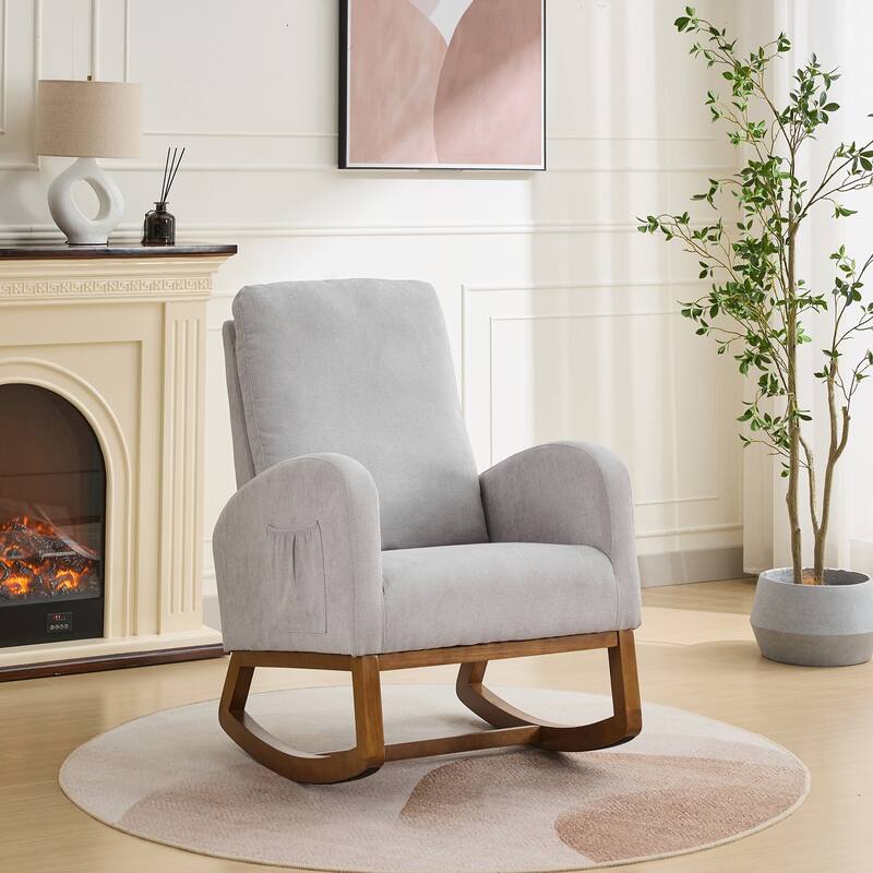 27.2"W Rocking Chair, Polyester Glider Chair with High Back Side Pocket, Rocking Accent Armchair with Rubber Wood Legs - Light Gray