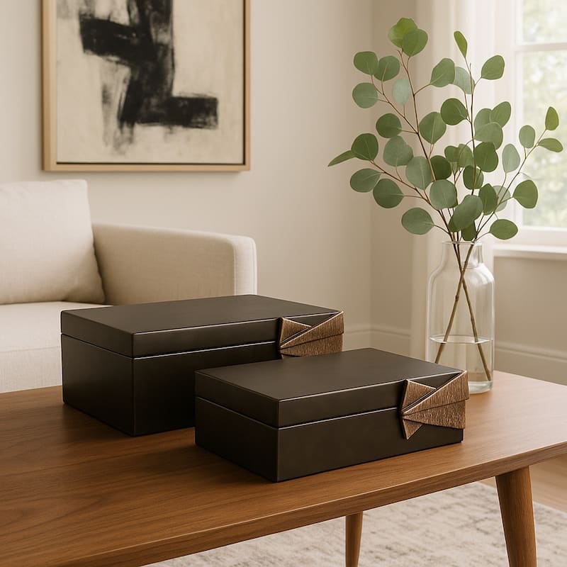 Faux Leather Storage Boxes with Metal Accents (Set of 2) - 9/11" Gray - 11" x 8" x 4" - Gray - 11" x 8" x 4"
