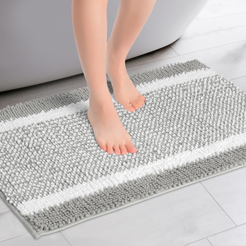 1 Pcs Chenille Striped Bathroom Rug Mat, Non-Slip Soft Plush Shaggy Bath Carpet - Grey - 16" x 24"