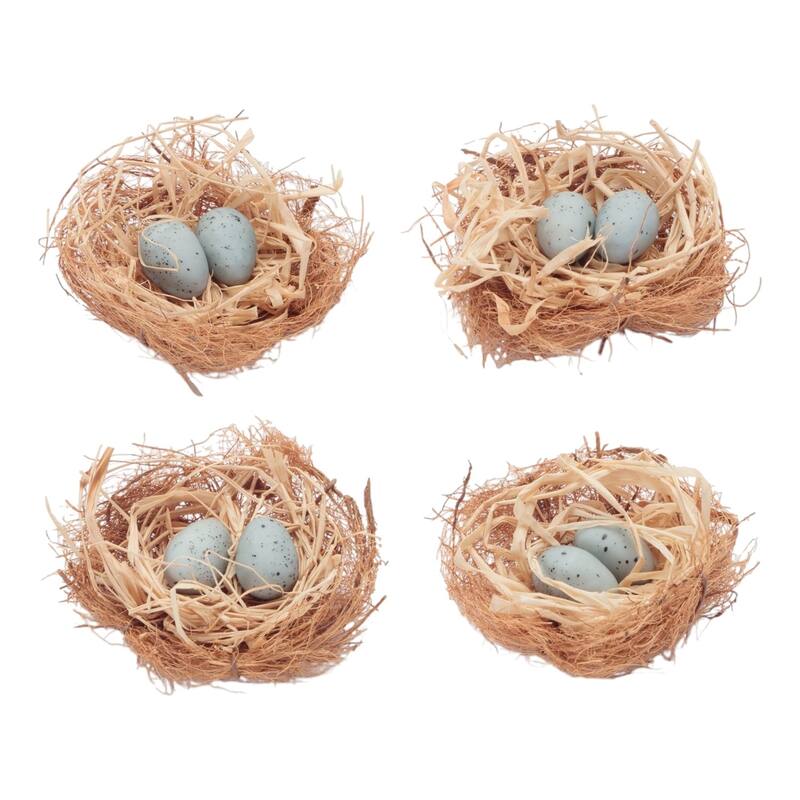 HomeRoots Set of Eight Brown And Blue Decorative Birds Nests With Eggs Sculptures - 2.35 in. x 1.40 in. x 2.45 in.