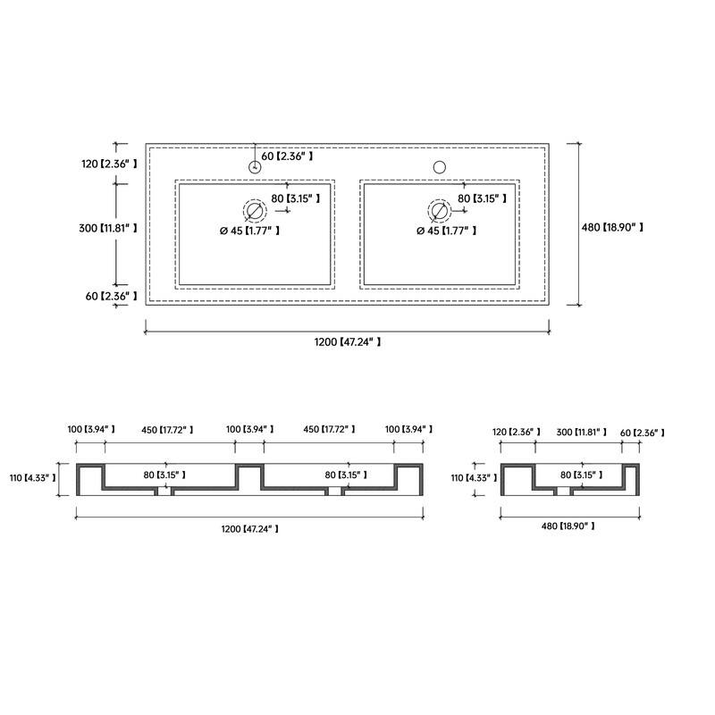Tubcraft 47/59 in. Stone Solid Surface Wall-Mounted Rectangular Double Vessel Bathroom Sinks