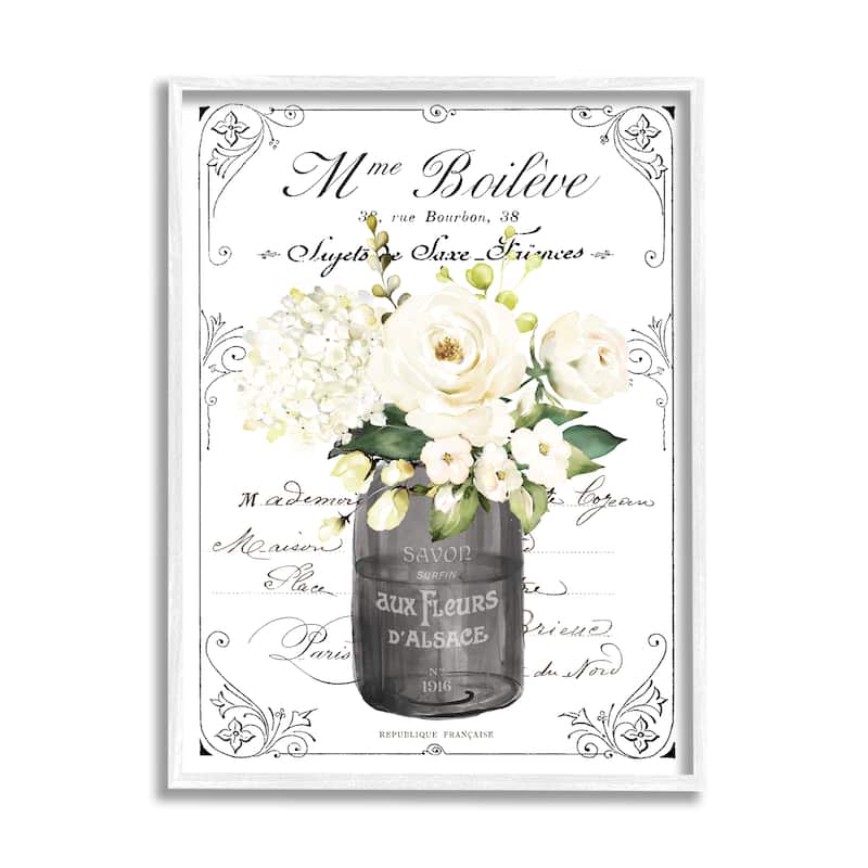 Stupell Vintage Parisian Bathroom Floral Bouquet White Flowers Framed Wall Art - 24 x 30 - White