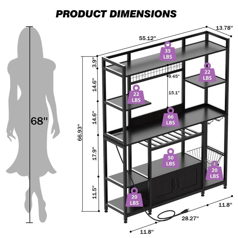 55" Bakers Rack with Power Outlet and LED Light