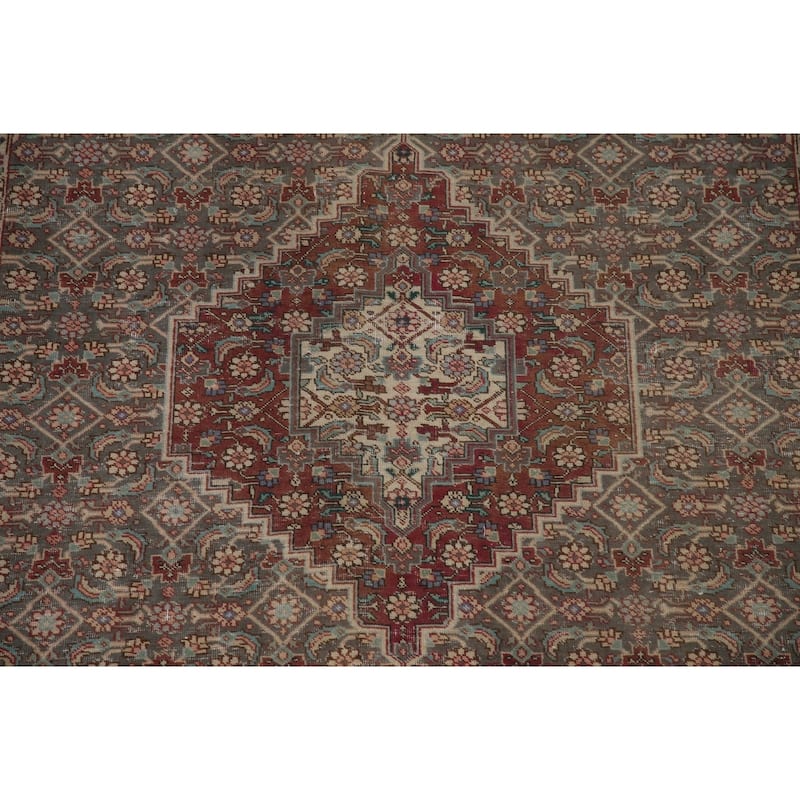 Grey Distressed Tabriz Persian Vintage Area Rug Handmade Wool Carpet - 6'6" x 9'7"