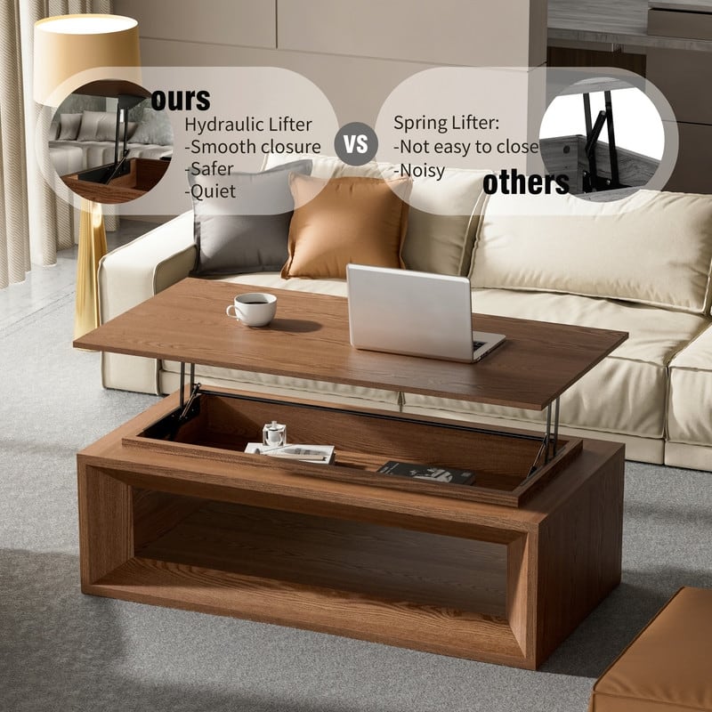 43.3" Lift-Top Coffee Table, Solid Wood Veneer Modern Accent Table with Storage and Adjustable Height